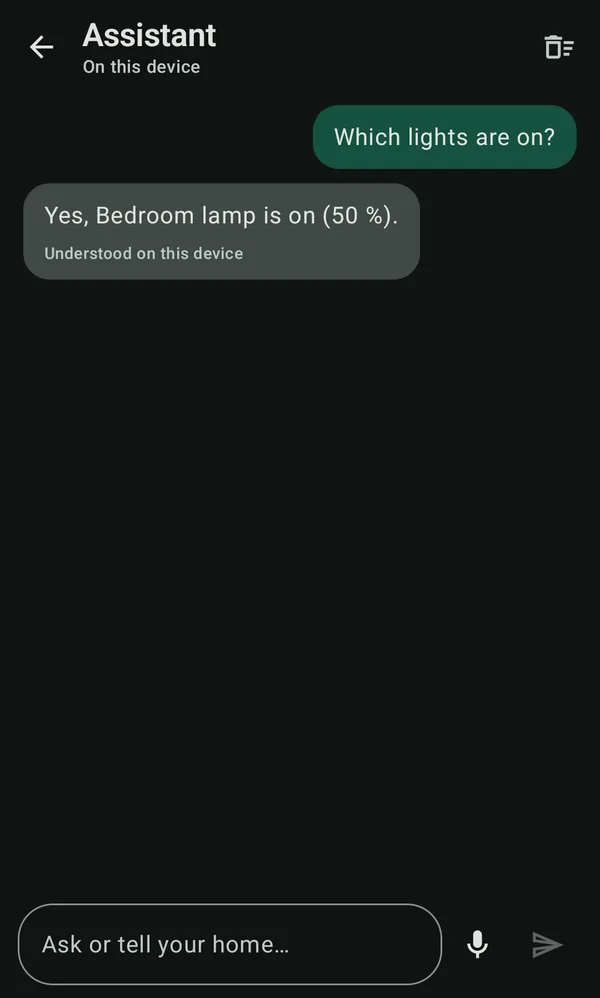 Ask bio on the phone: asked which lights are on, it answers that the bedroom lamp is on at 50 percent, understood on this device