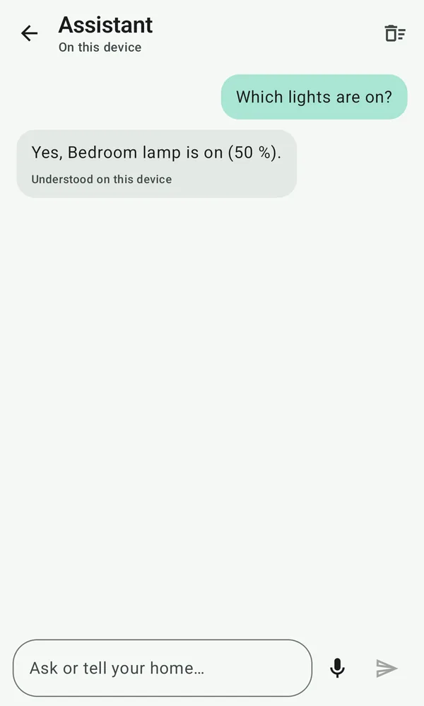 Ask bio on the phone: asked which lights are on, it answers that the bedroom lamp is on at 50 percent, understood on this device