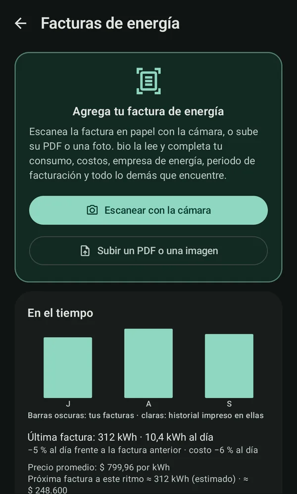Facturas de energía: escanea o sube una factura y mira las facturas en el tiempo con una previsión