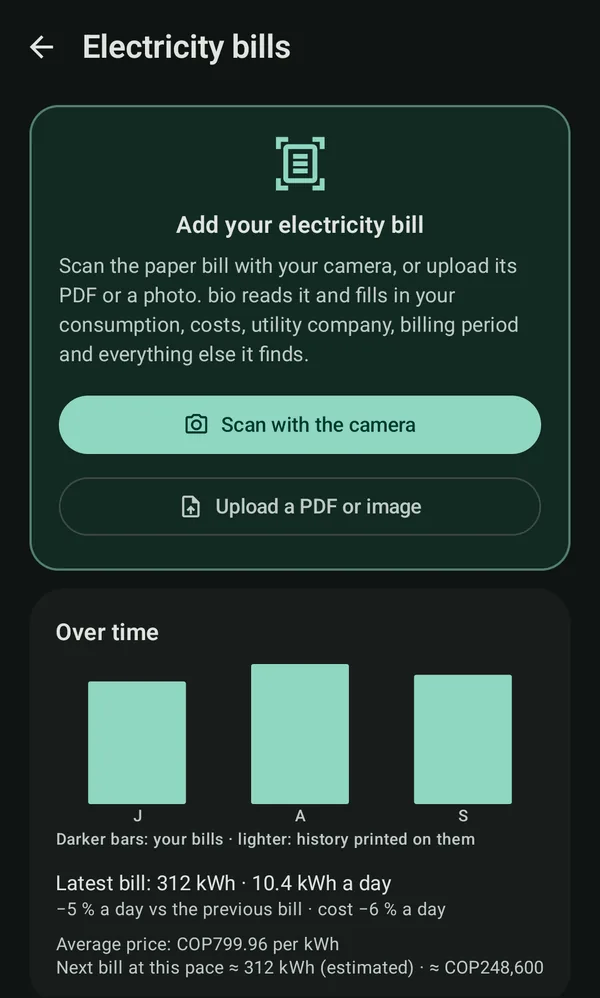 Electricity bills: scan or upload a bill, and bills over time with a forecast