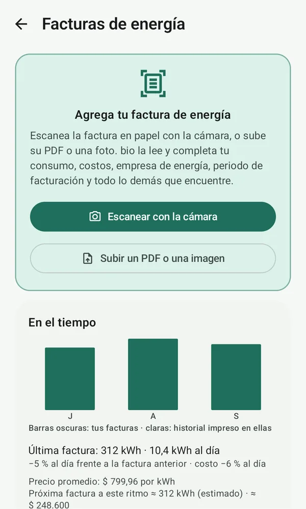 Facturas de energía: escanea o sube una factura y mira las facturas en el tiempo con una previsión