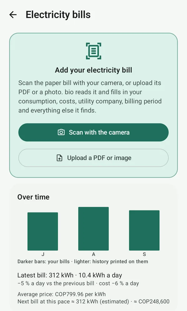 Electricity bills: scan or upload a bill, and bills over time with a forecast