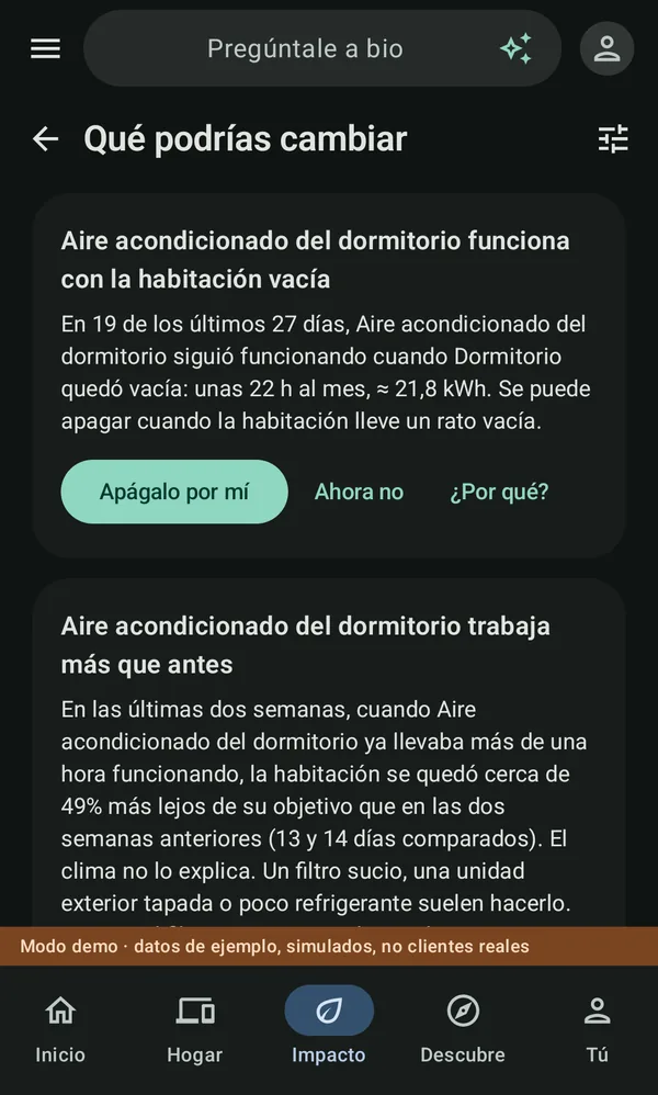Qué podrías cambiar: el aire acondicionado del dormitorio funciona en una habitación vacía, con un botón Apágalo por mí