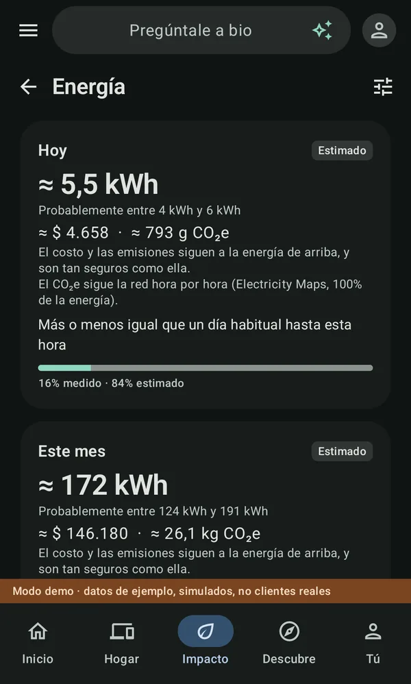 Energía en la app de bio: la energía de hoy como estimación con su rango probable, con coste y CO2e