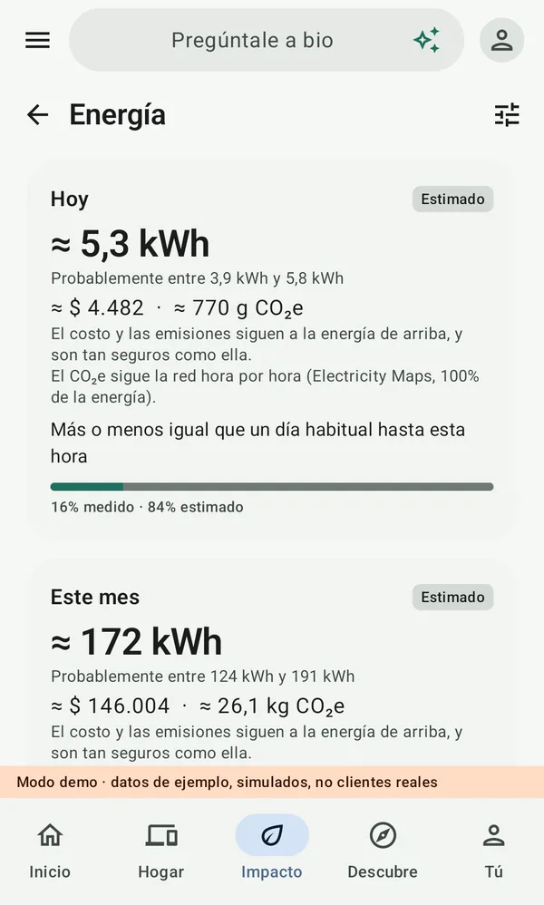 Energía en la app de bio: la energía de hoy como estimación con su rango probable, con coste y CO2e