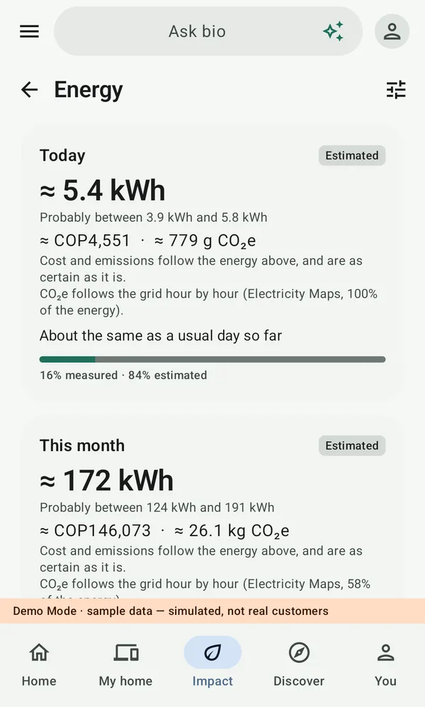 Energy in the bio app: today's energy as an estimate with its likely range, with cost and CO2e