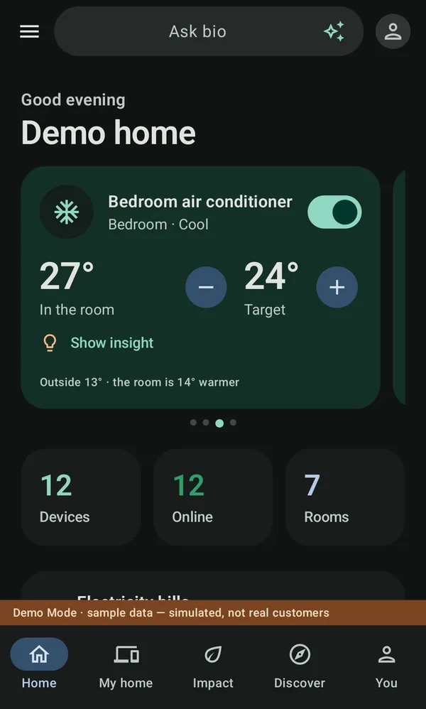 Home in bio: the bedroom air conditioner card and counts of devices and rooms
