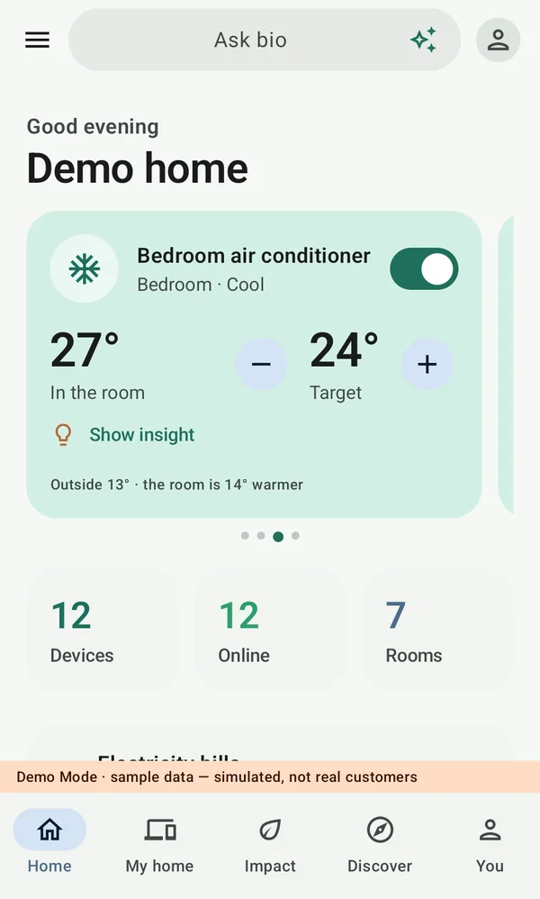 Home in bio: the bedroom air conditioner card and counts of devices and rooms