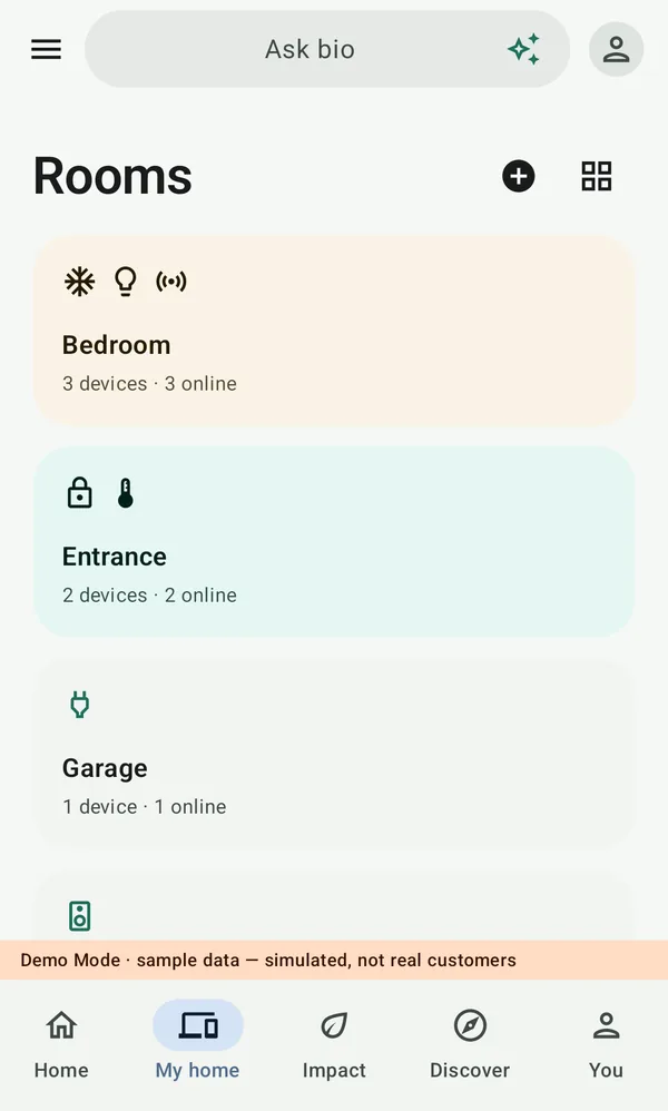 Rooms in bio, each with its own color